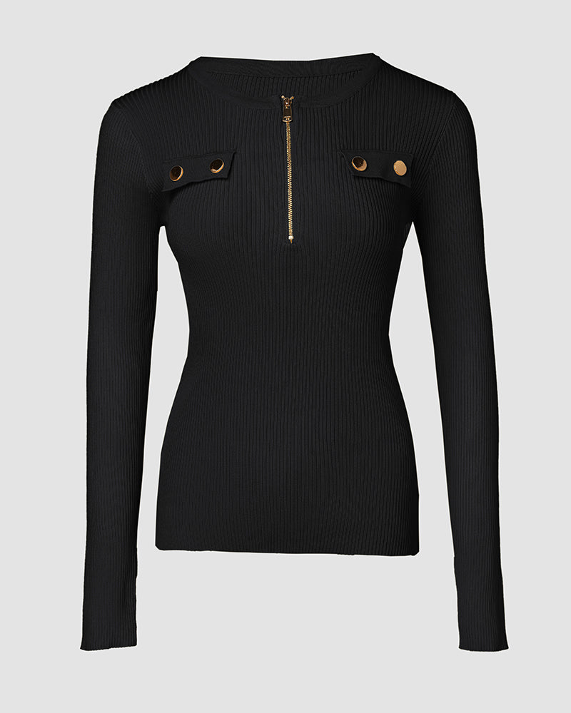 Half-Zip Ribbed Knit Crewneck Sweater with Flap Detail Pullover.