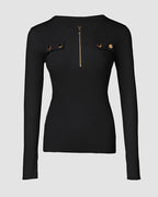 Half-Zip Ribbed Knit Crewneck Sweater with Flap Detail Pullover.