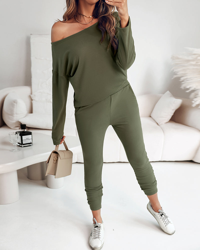 2-Piece Asymmetrical Neck Sweater and Drawstring Slim-Fit Pants Set