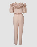 Off-Shoulder Frill Trim Textured Jumpsuit with Tie Waist