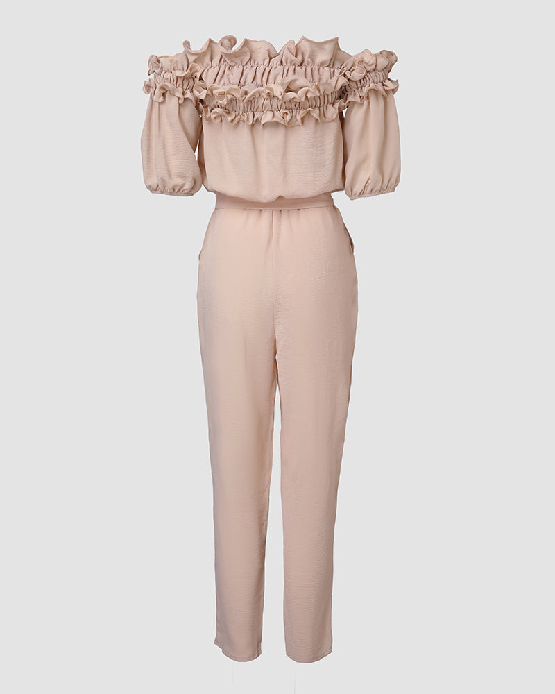 Off-Shoulder Frill Trim Textured Jumpsuit with Tie Waist