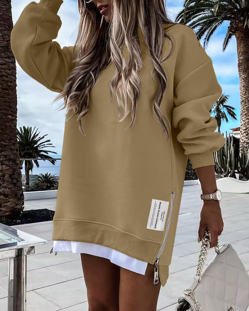 Drop Shoulder Zip-Side Long Sleeve Pullover with Slit Detail.