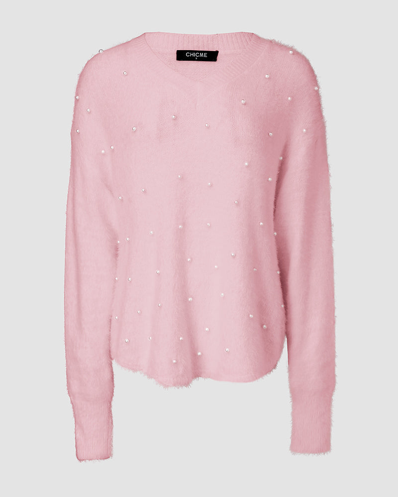 V-Neck Beaded Long Sleeve Fluffy Oversized Pullover Sweater