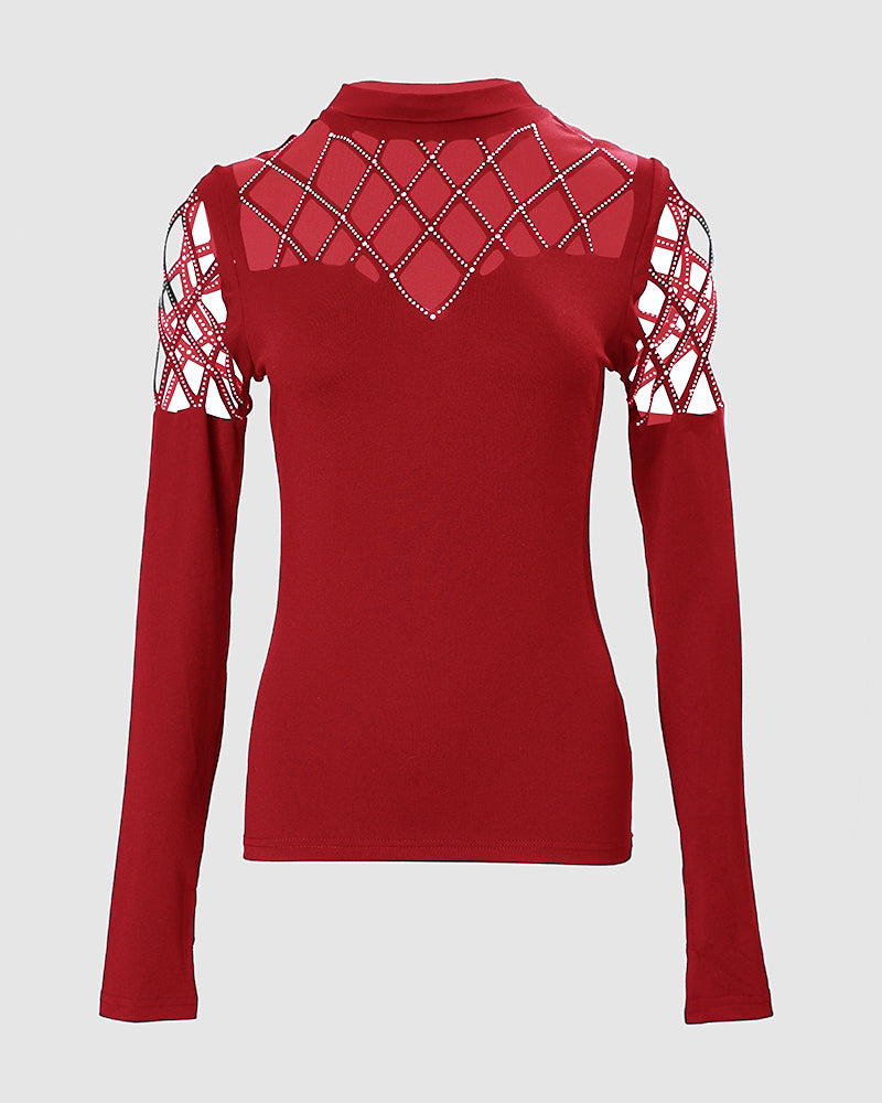 Hollow Rhinestone Cold Shoulder Long-Sleeve Casual T-Shirt