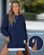 Drop Shoulder Zip-Side Long Sleeve Pullover with Slit Detail.