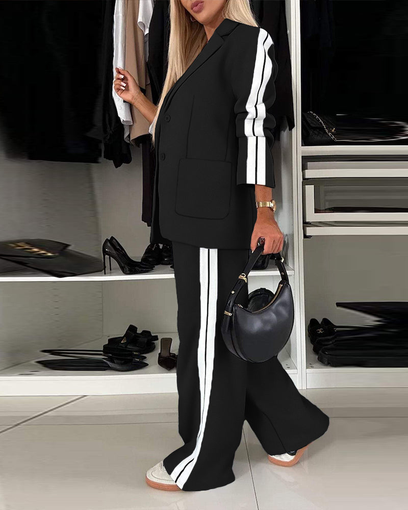 Striped Notched Collar Blazer with Coordinating Wide Leg Pants Set