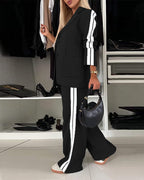 Striped Notched Collar Blazer with Coordinating Wide Leg Pants Set