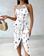 Criss Cross Spliced Ruched Front Watercolor Floral Halter Dress