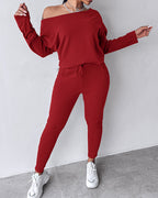 2-Piece Asymmetrical Neck Sweater and Drawstring Slim-Fit Pants Set