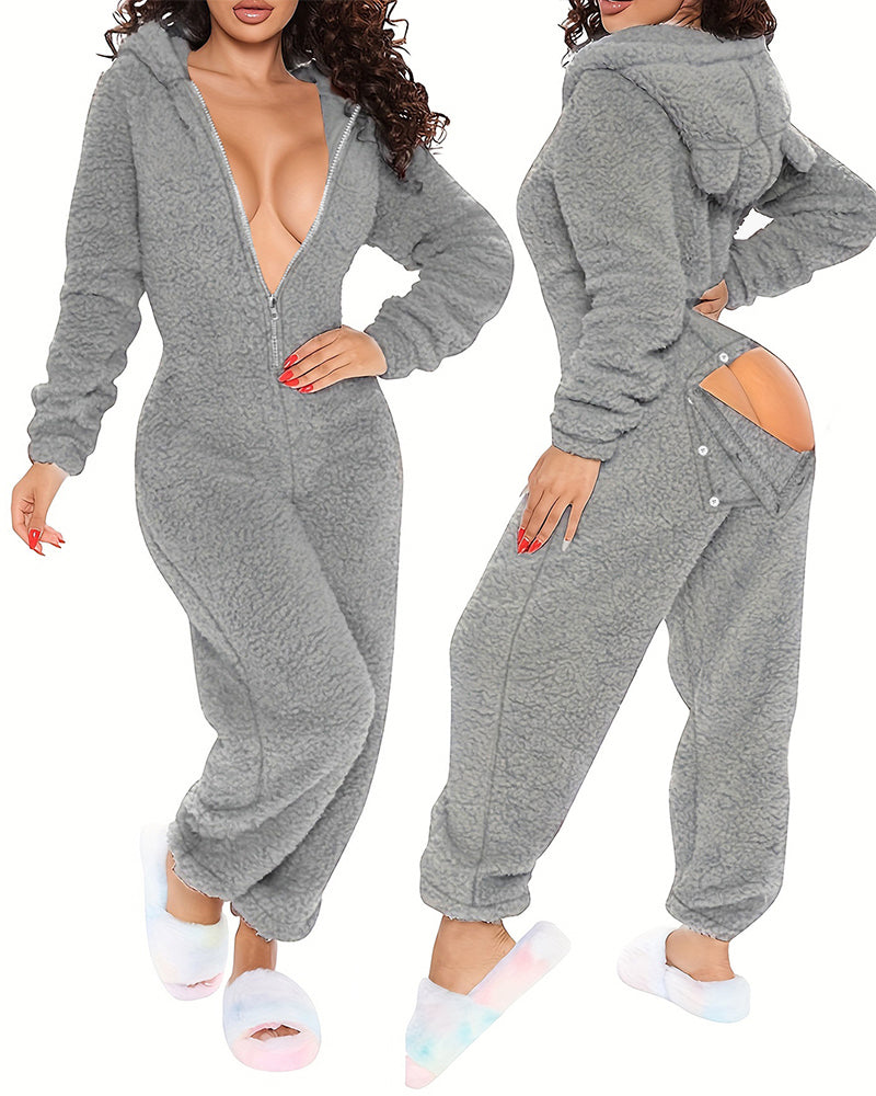 3D Ear-Buttoned Fluffy Lounge Jumpsuit with Practical Features