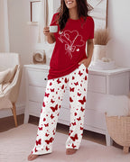 Heart & Butterfly Print Pajama Set for Valentine's Day, Loose Fit