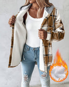 Hooded Plaid Shacket with Long Sleeves and Fleece Lining