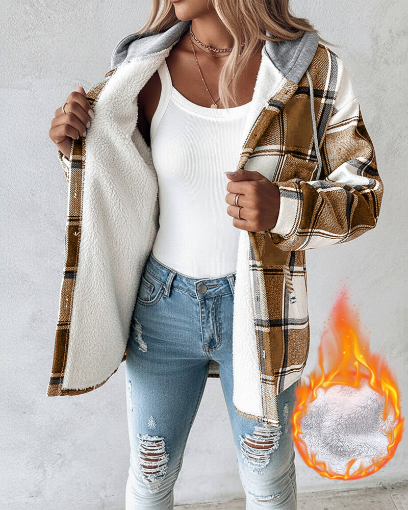 Hooded Plaid Shacket with Long Sleeves and Fleece Lining