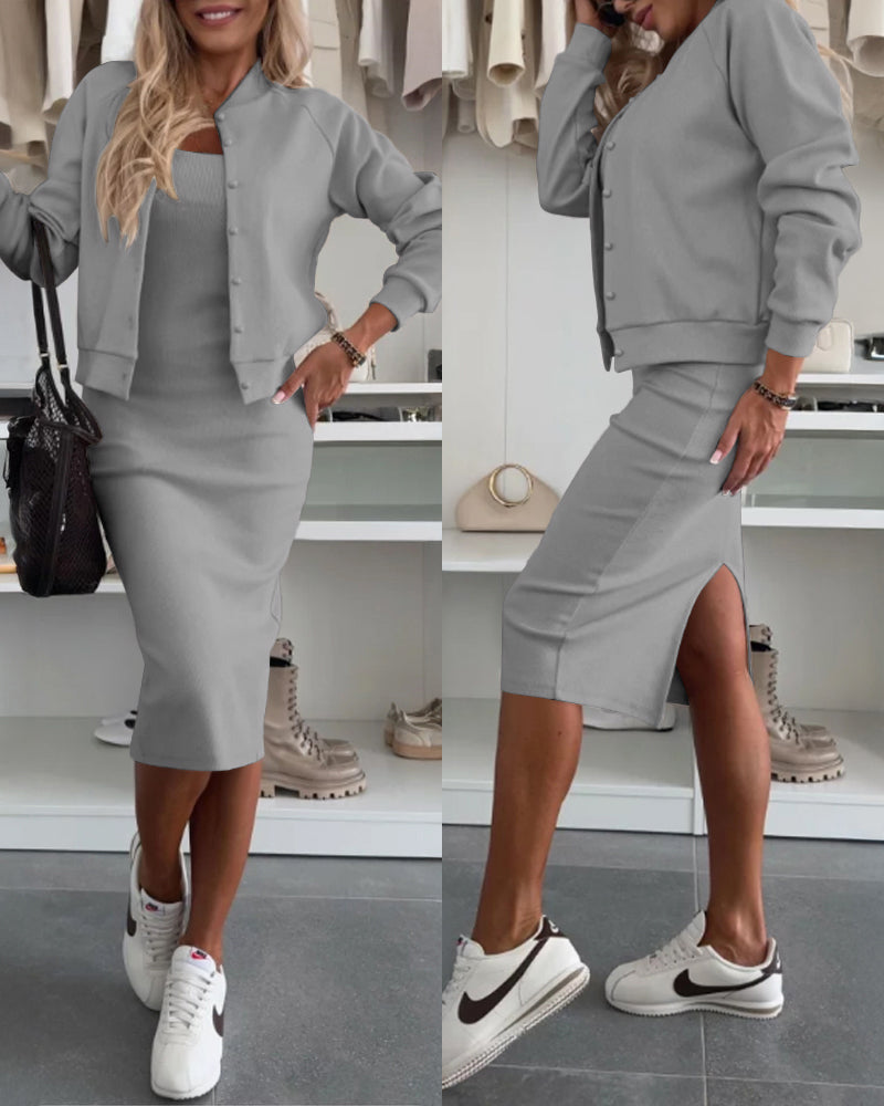 2-Piece U-Neck Tank Dress with Pearl-Button Baseball Coat Set