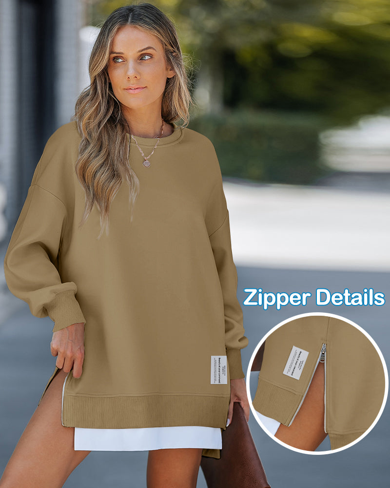 Drop Shoulder Zip-Side Long Sleeve Pullover with Slit Detail.