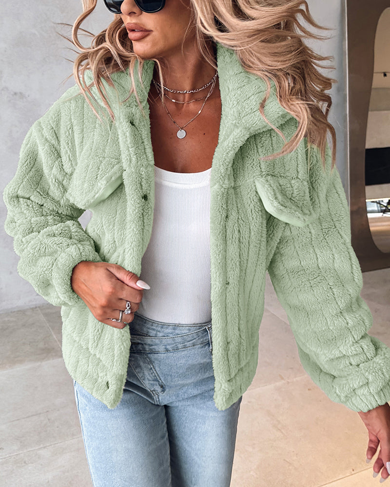 Striped Teddy Fleece Jacket with Buttons and Flap Pockets