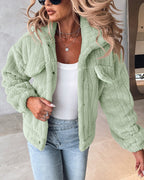 Striped Teddy Fleece Jacket with Buttons and Flap Pockets