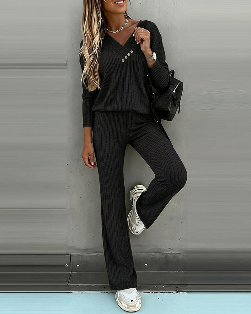 2-Piece V-Neck Button Top and Straight Leg Casual Pants Set