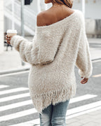 V-Neck Long Sleeve Tassel Fringe Pullover Sweater for Fall/Winter