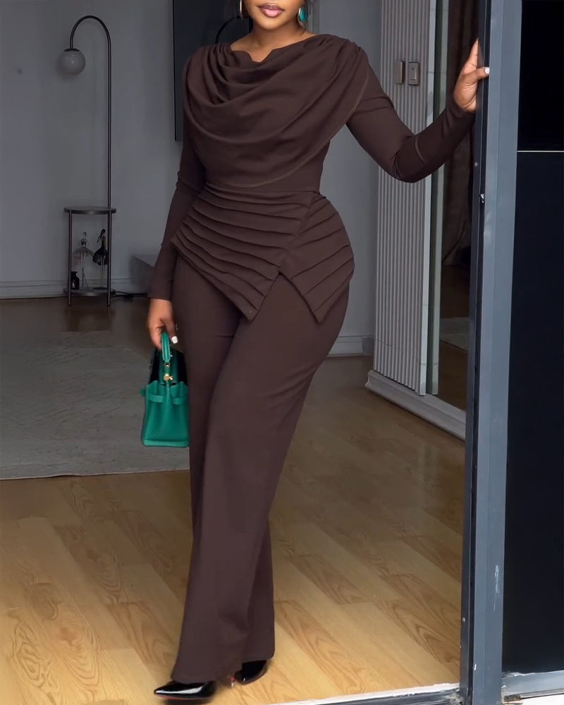Cowl Neck Asymmetrical Cinched Waist Wide Leg Zippered Jumpsuit
