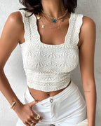 Floral Jacquard Square Neck Crop Top with Thick Straps