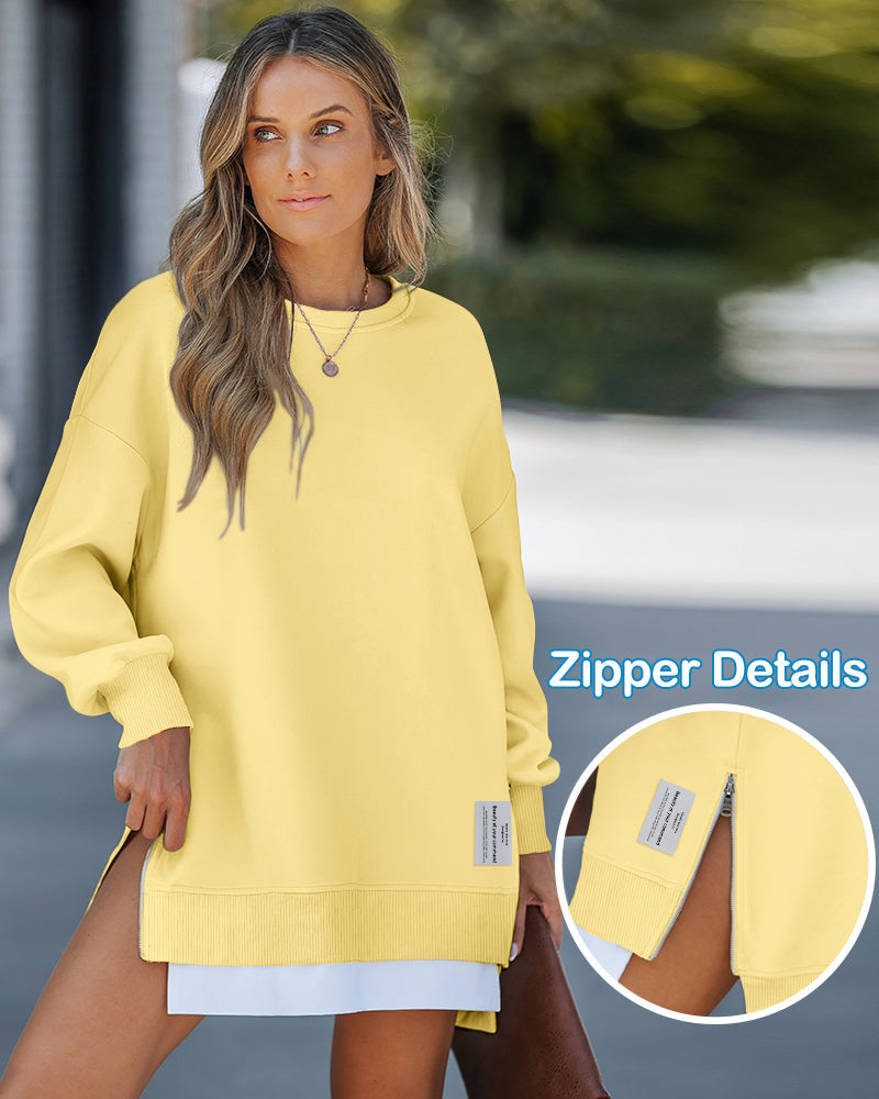 Drop Shoulder Zip-Side Long Sleeve Pullover with Slit Detail.
