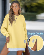 Drop Shoulder Zip-Side Long Sleeve Pullover with Slit Detail.