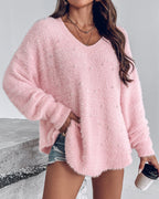 V-Neck Beaded Long Sleeve Fluffy Oversized Pullover Sweater
