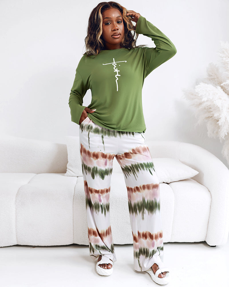 "2-Piece Ombre Pants and Letter Print Top Casual Ensemble"