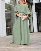 Lantern Sleeve Top and Wide Leg Pants Set with Zipper