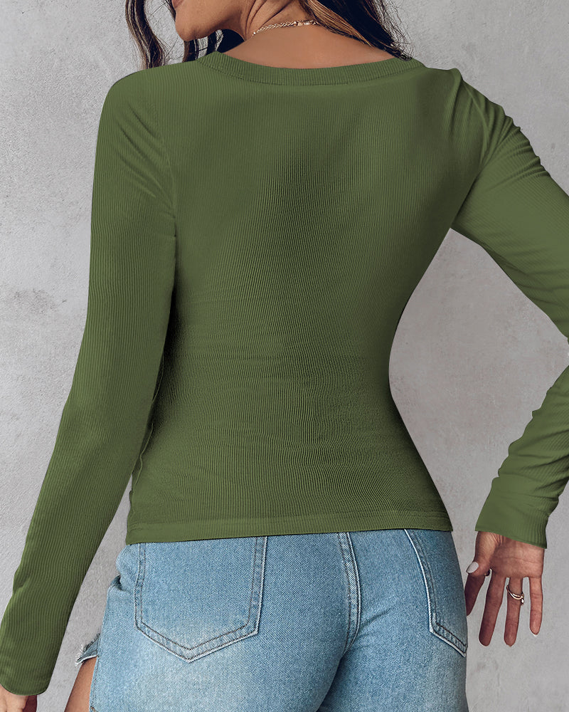 U-Neck Long-Sleeve Ribbed Top Featuring Integrated Bra Support