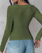 U-Neck Long-Sleeve Ribbed Top Featuring Integrated Bra Support