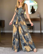 "Abstract Oil Print V-Neck Wide Leg High Waist Jumpsuit"