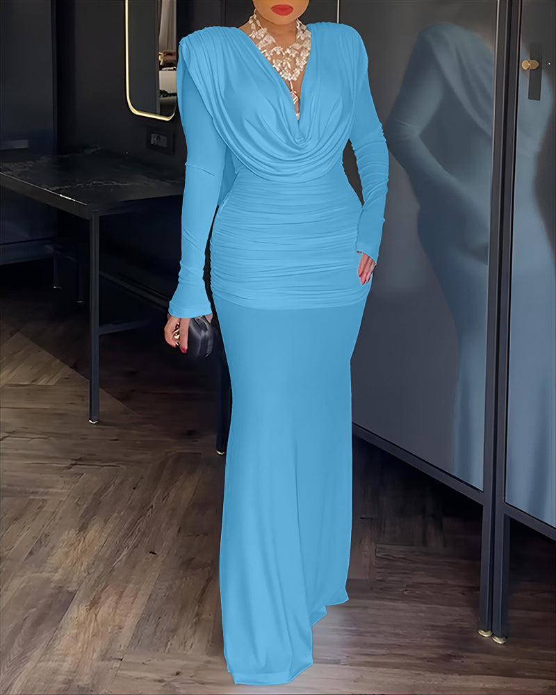 Padded Shoulder Cowl Neck Ruched Backless Maxi Dress