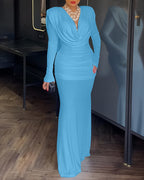 Padded Shoulder Cowl Neck Ruched Backless Maxi Dress