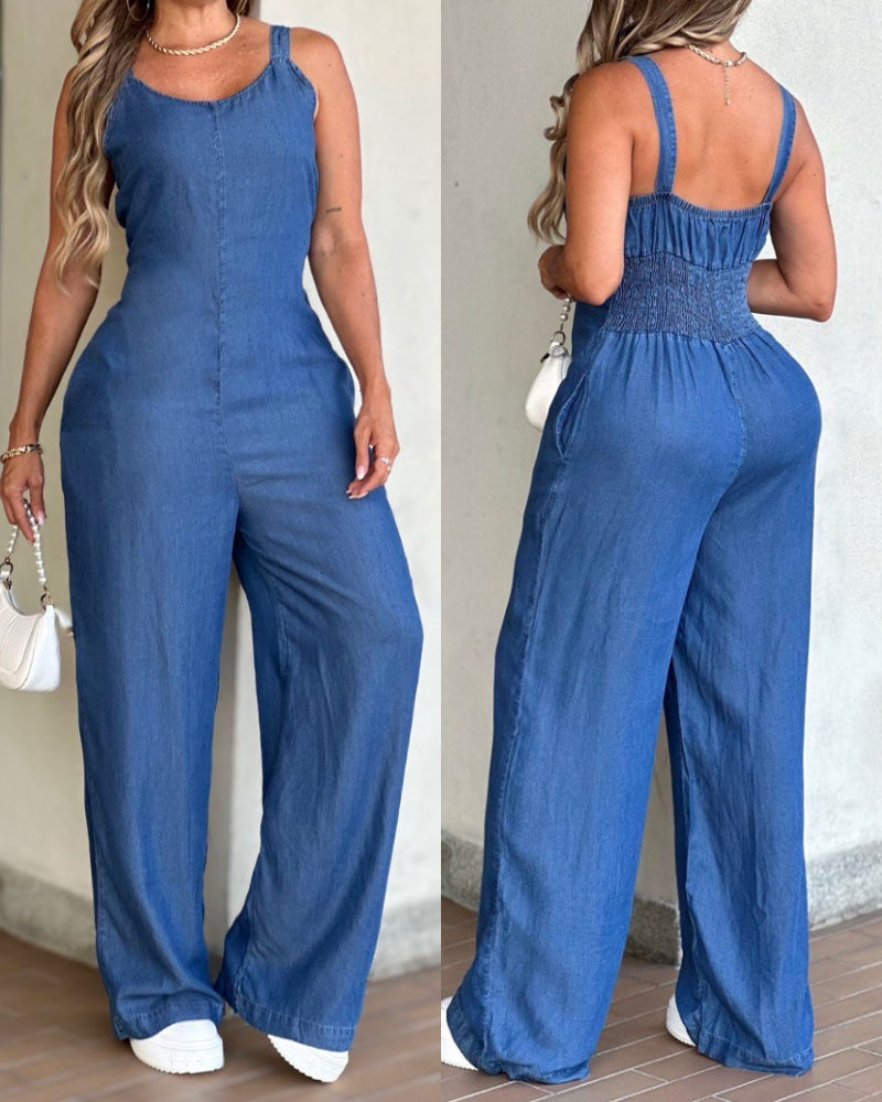 V-Neck Spaghetti Strap Jumpsuit with Pockets and Wide Legs