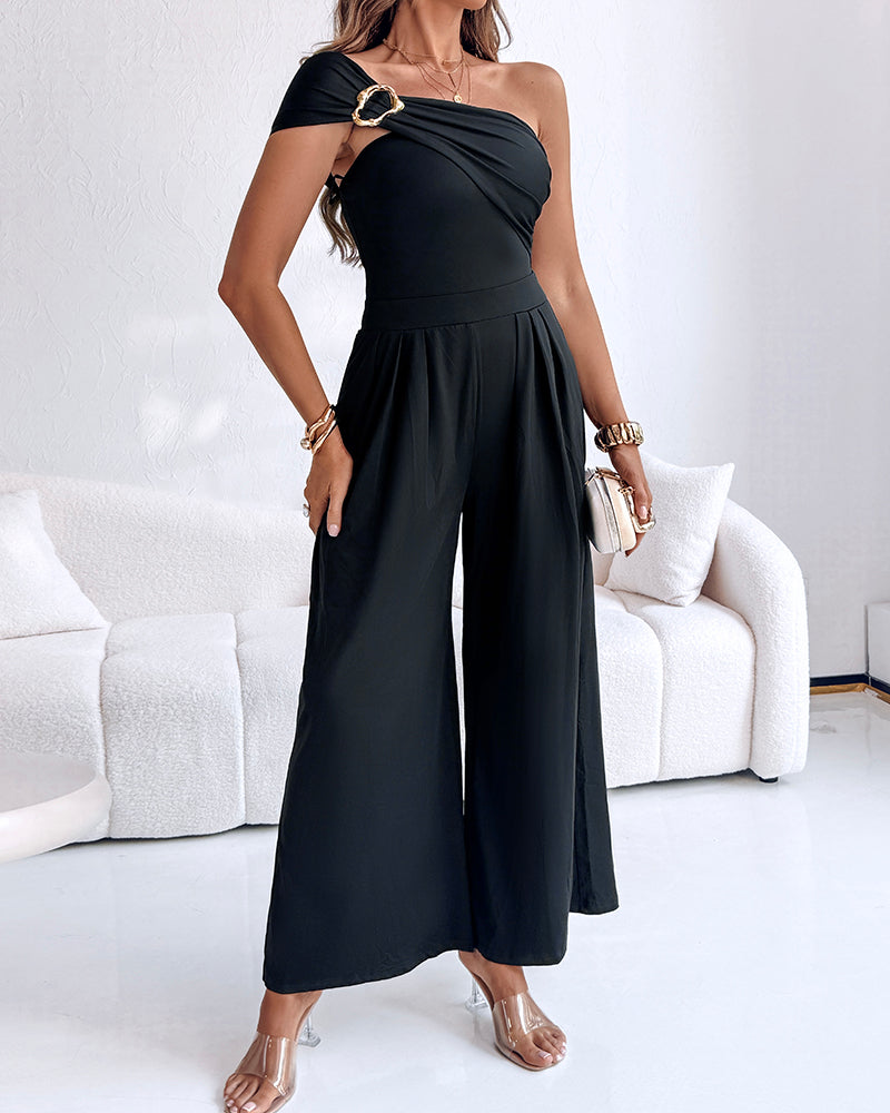 Buckled Cold Shoulder Ruched Wide-Leg Fashion Jumpsuit
