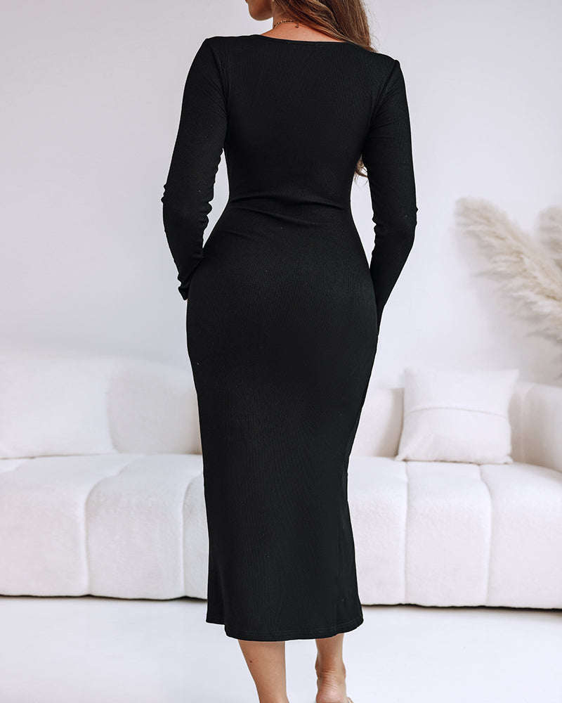 Ribbed Wrap Dress with Cinched Waist and Mid-Length Ring Detail