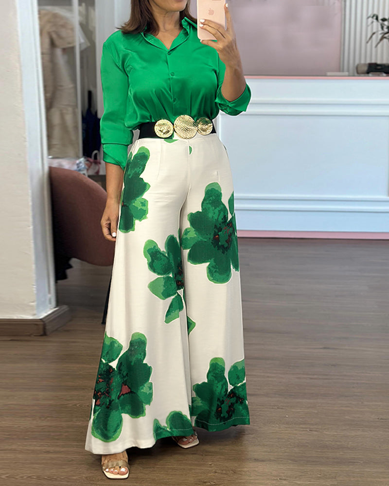 Satin Blouse and Floral Wide-Leg Pants Two-Piece Set