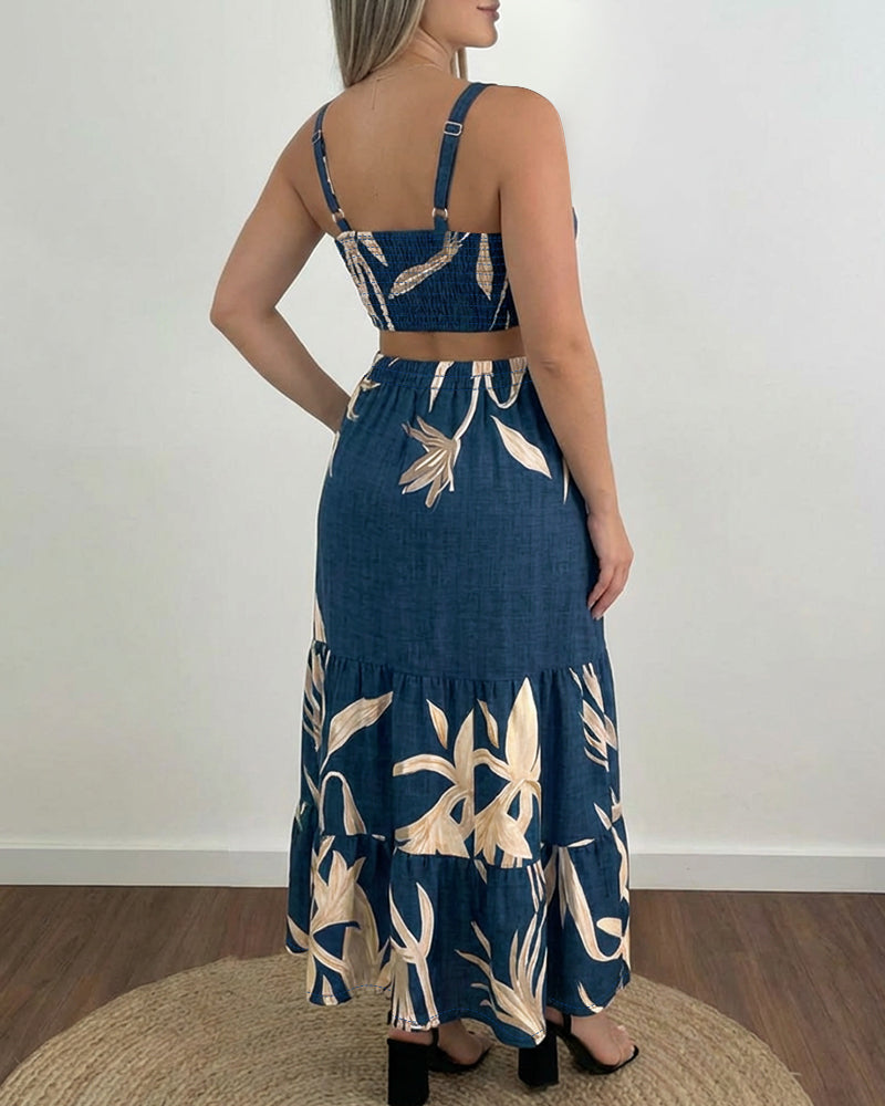 Ruffle Hem Maxi Dress with Adjustable Strap and Waist Cutout