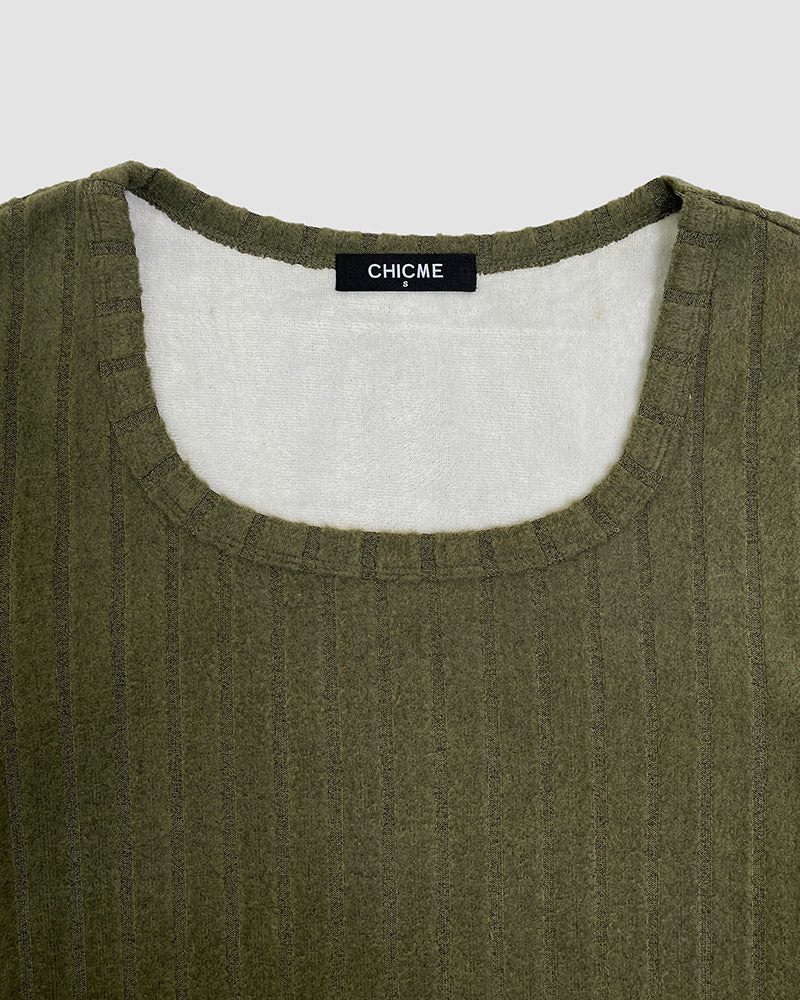 Fleece-Lined U-Neck Long Sleeve Ribbed Thermal Tee, No Padding