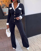Colorblock Wide Leg Jumpsuit with Metal Button Accents