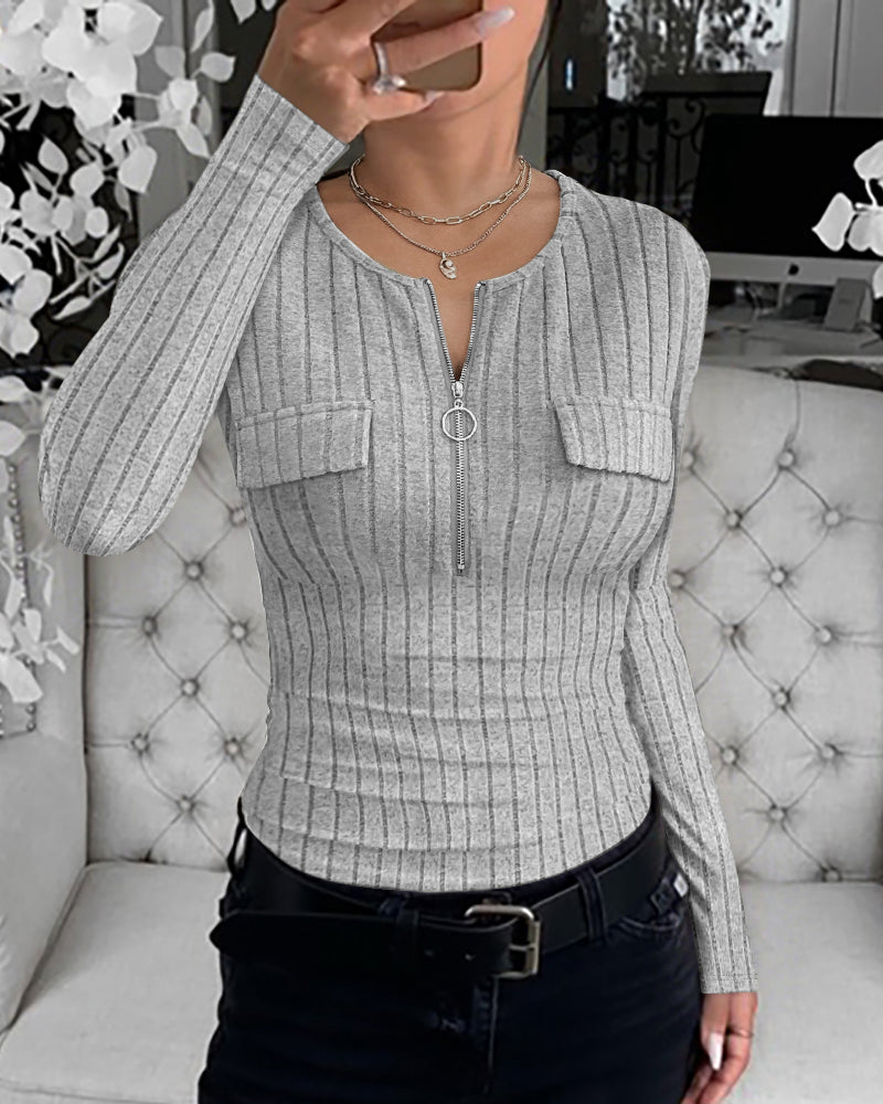 Long Sleeve Half Zip Ribbed Tee with Flap Detail