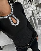 Rhinestone Keyhole Neck Ribbed Top with Hollow Water Drop Detail