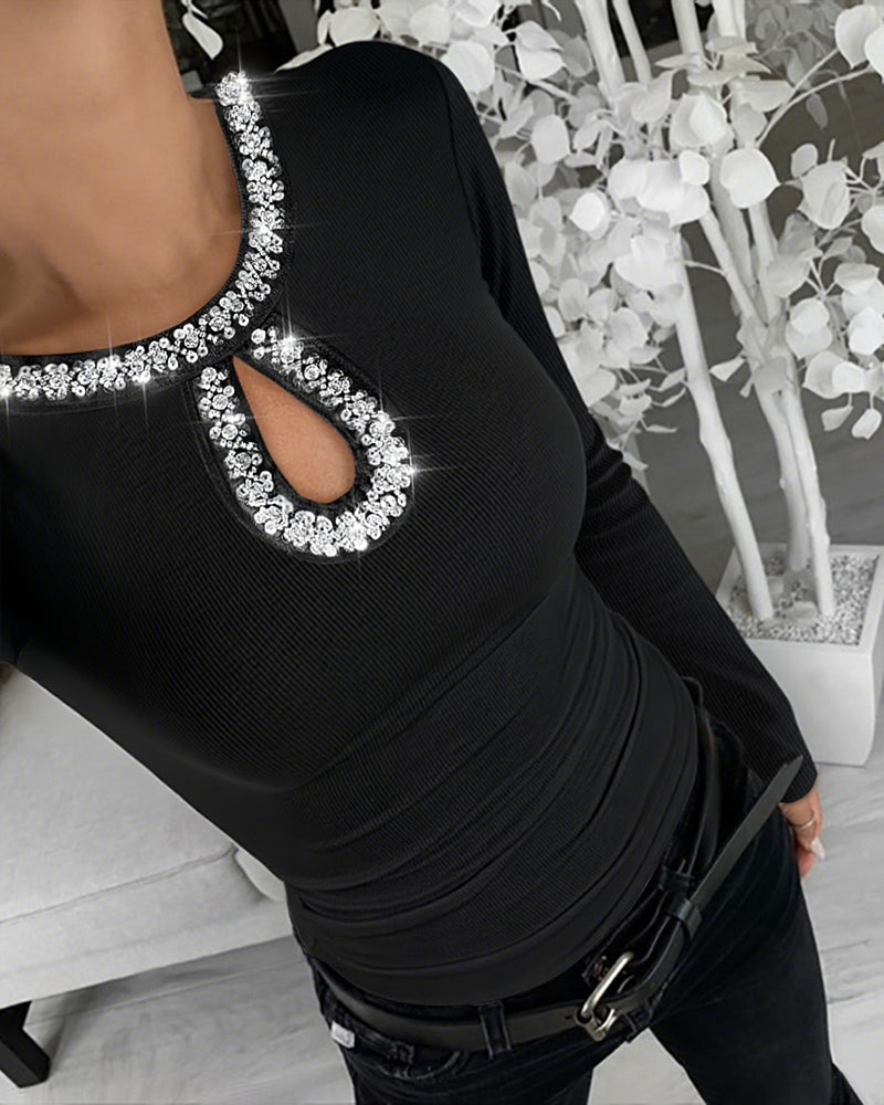Rhinestone Keyhole Neck Ribbed Top with Hollow Water Drop Detail