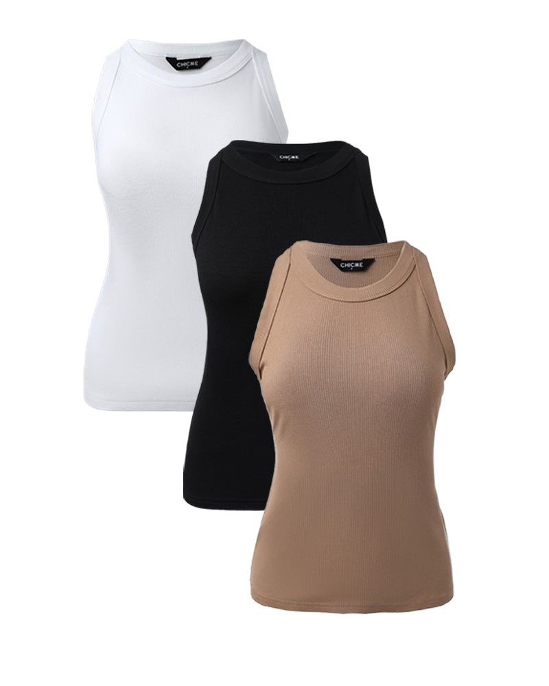 3-Pack Knit Racerback Tank Tops, Round Neck, Thick Straps