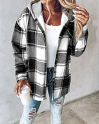 Hooded Plaid Shacket with Long Sleeves and Fleece Lining