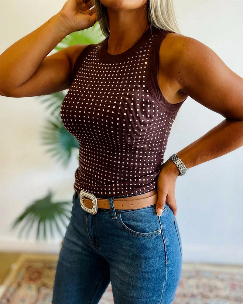 Embellished Rhinestone O-Neck Sleeveless Slim Ribbed Tank Top