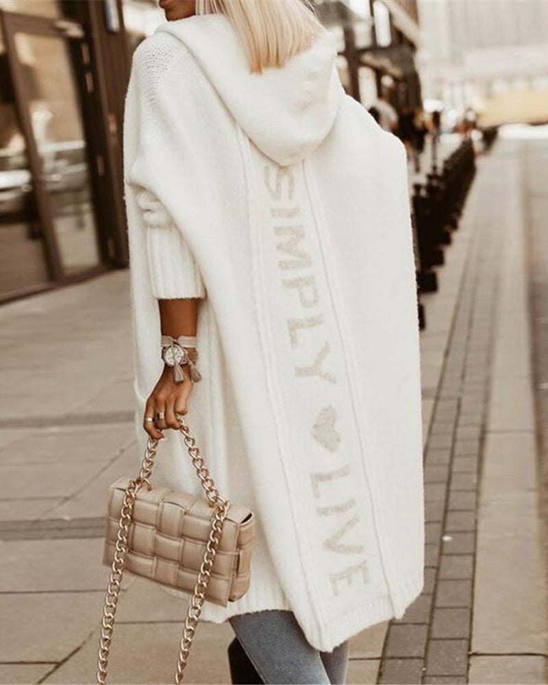 Hooded Heart Pattern Oversized Cardigan with Open Front