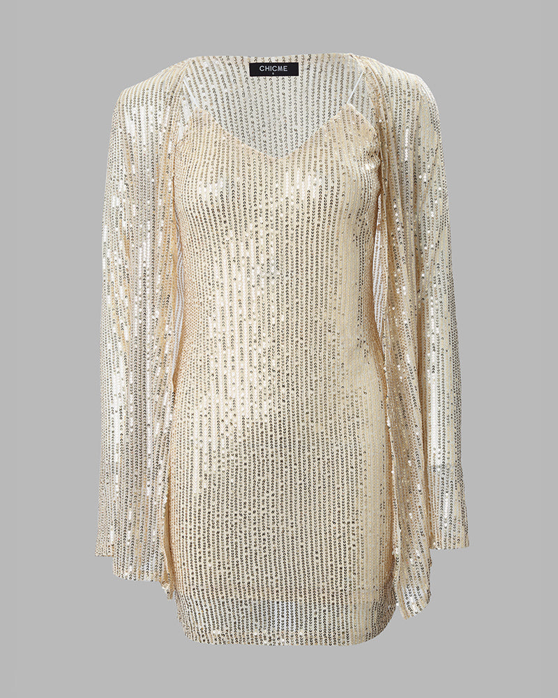 2-Piece Sequin Bodycon Set with Deep V-Neck Party Cardigan